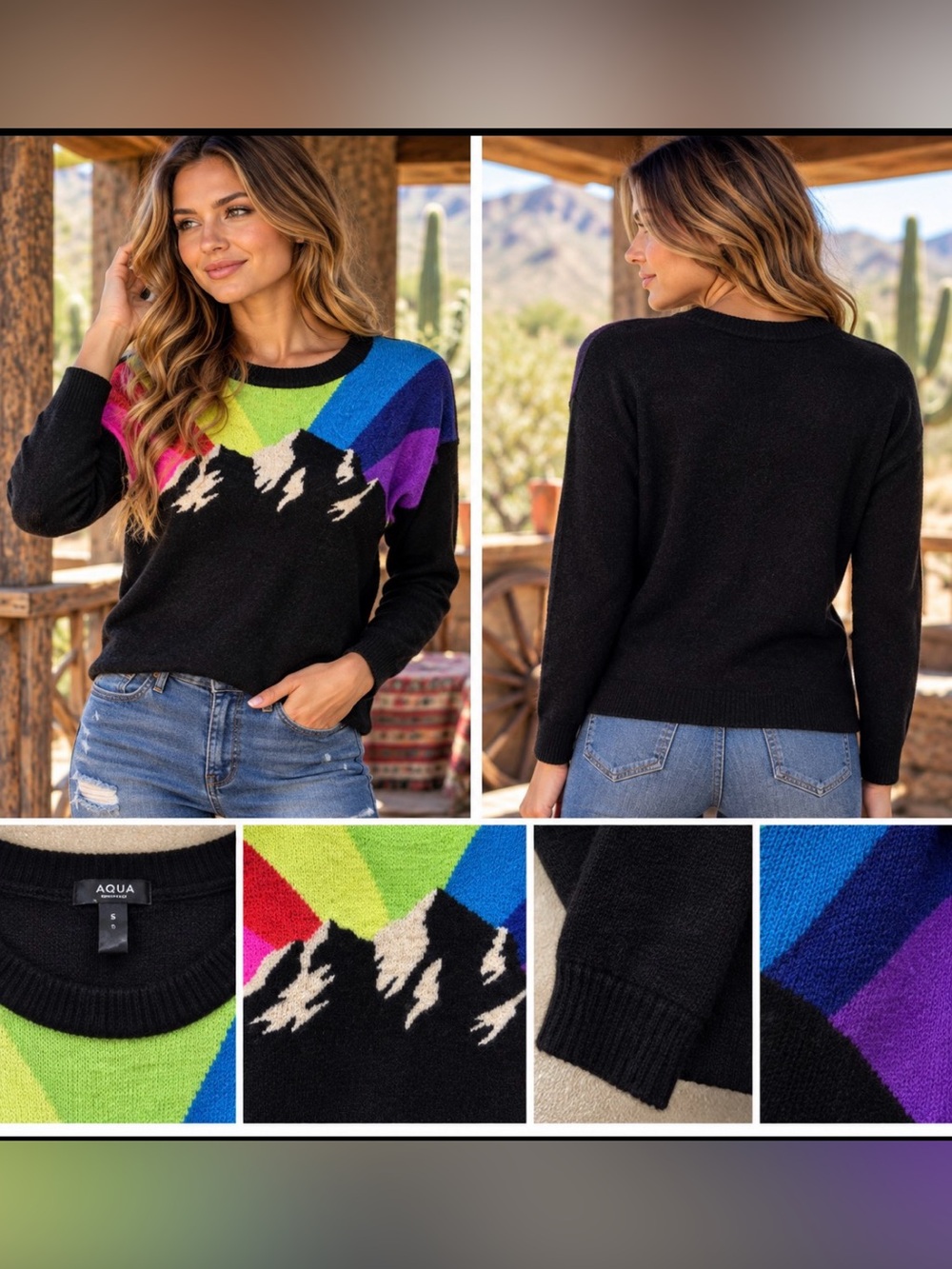 Aqua Black Rainbow Mountain Cashmere Intarsia Sweater